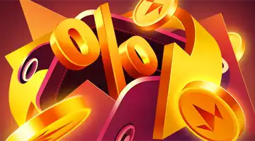 Изображение золотого символа процента в окружении золотых монет, символизирующее кэшбэк-бонус в Авокадо Онлайн-казино.